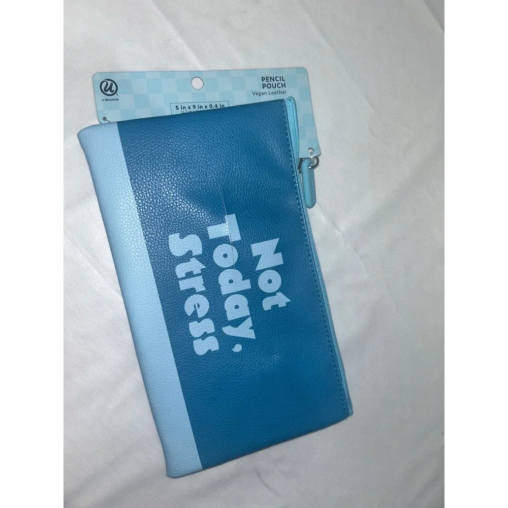 U Brands Not Today Stress Vegan Leather‎ Pencil Pouch Blue Zipper Case Accessory